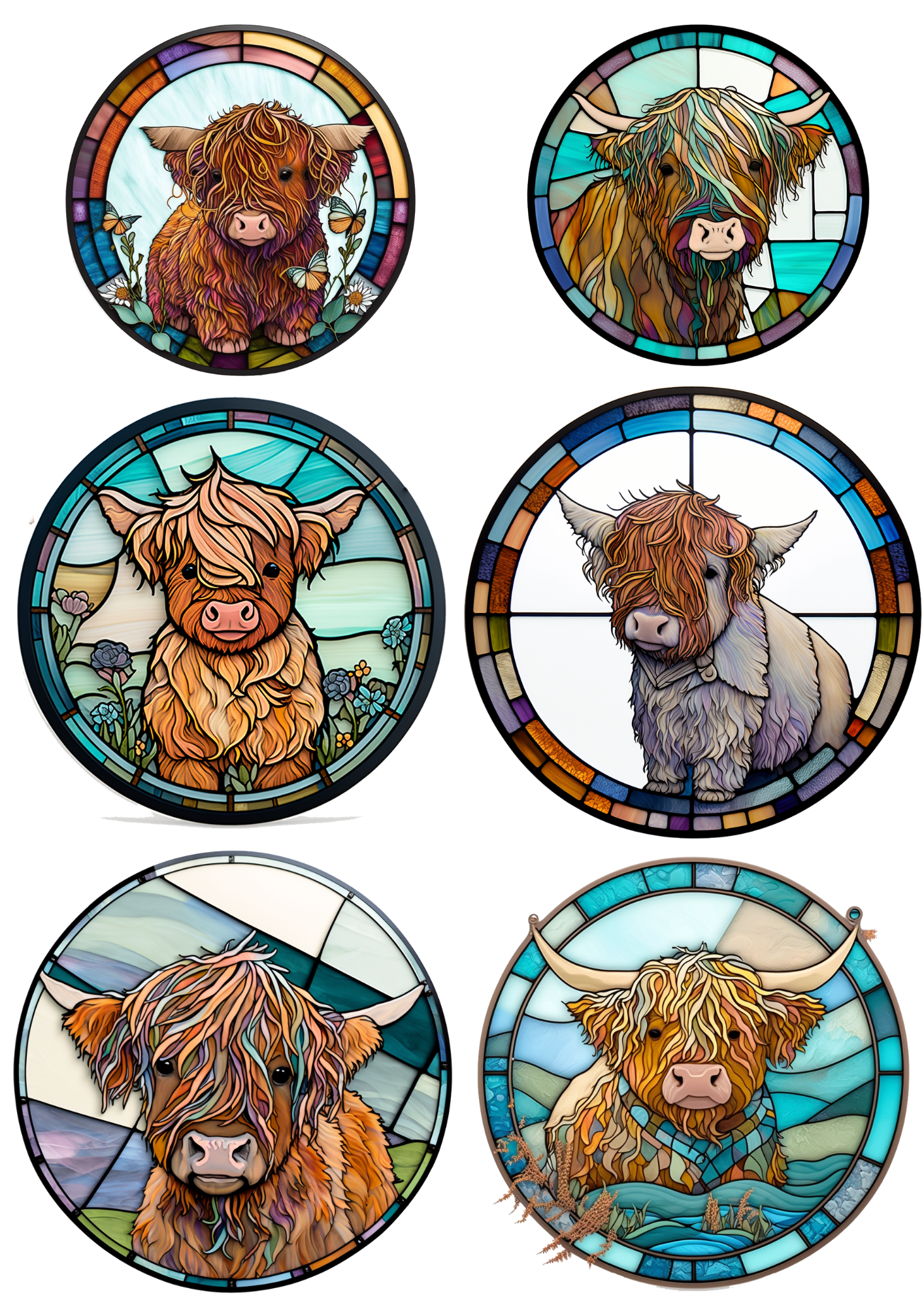 Sticker Sheet / Greeting Card – Young Highland Cows In Circles Collage Cat. No. 5601