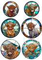 Sticker Sheet / Greeting Card – Young Highland Cows In Circles Collage Cat. No. 5601