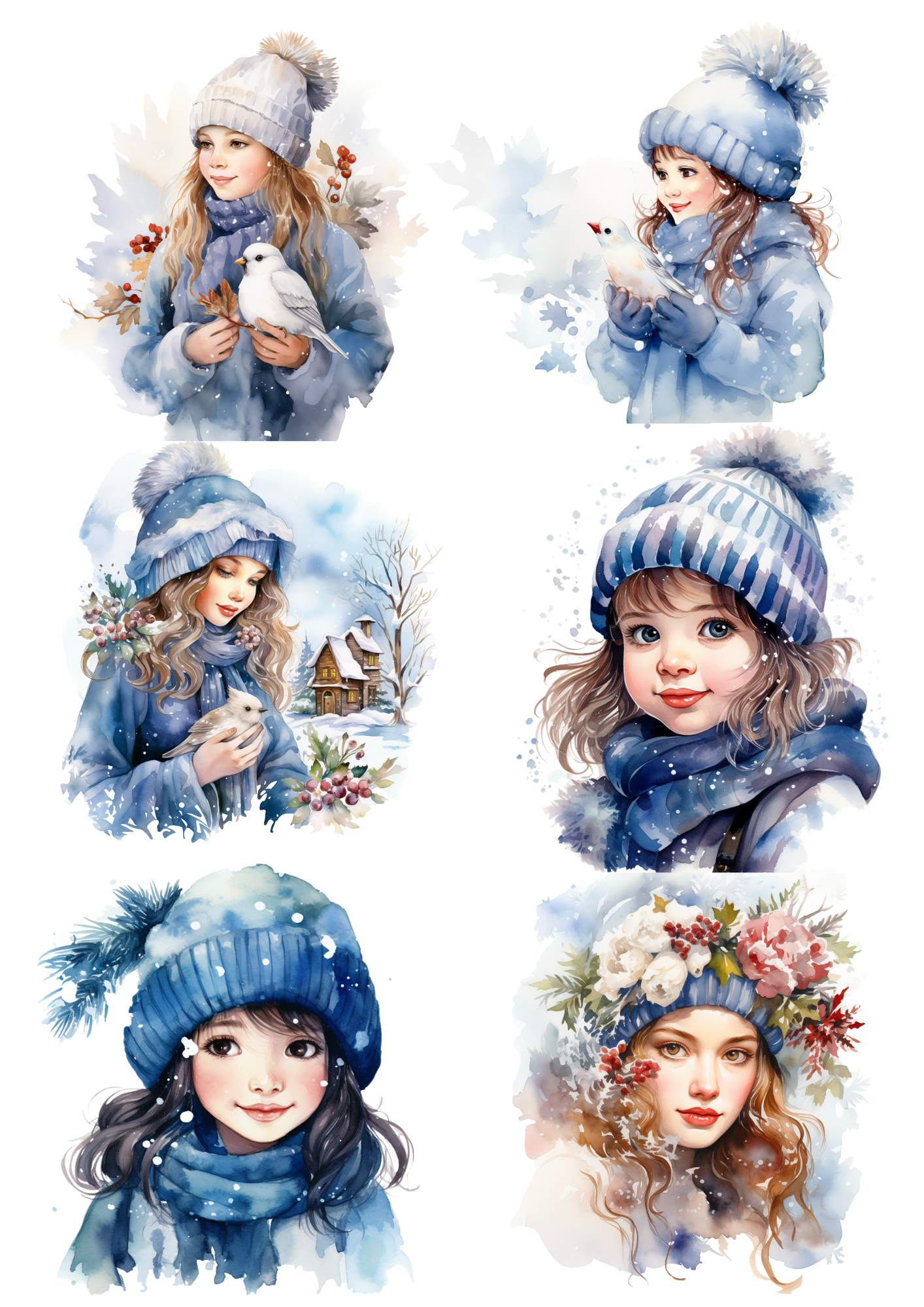 Sticker Sheet / Greeting Card – Girl with Bird in Winter Collage Cat. No. 5612