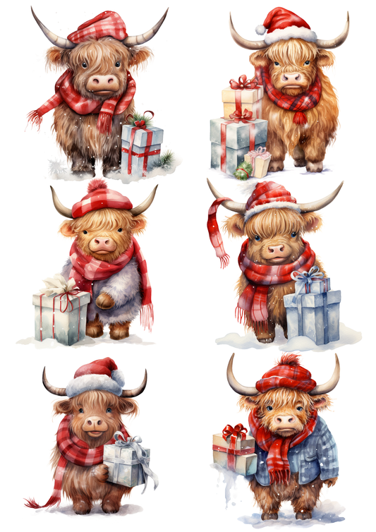 Sticker Sheet / Greeting Card – Highland Cow Christmas Collage Cat. No. 5632