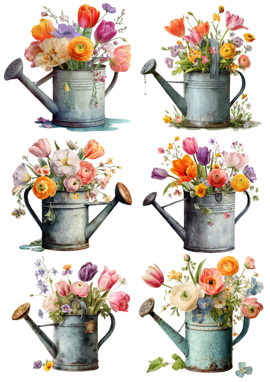 Sticker Sheet / Greeting Card – Watering Can In Flowers Collage Cat. No. 5639