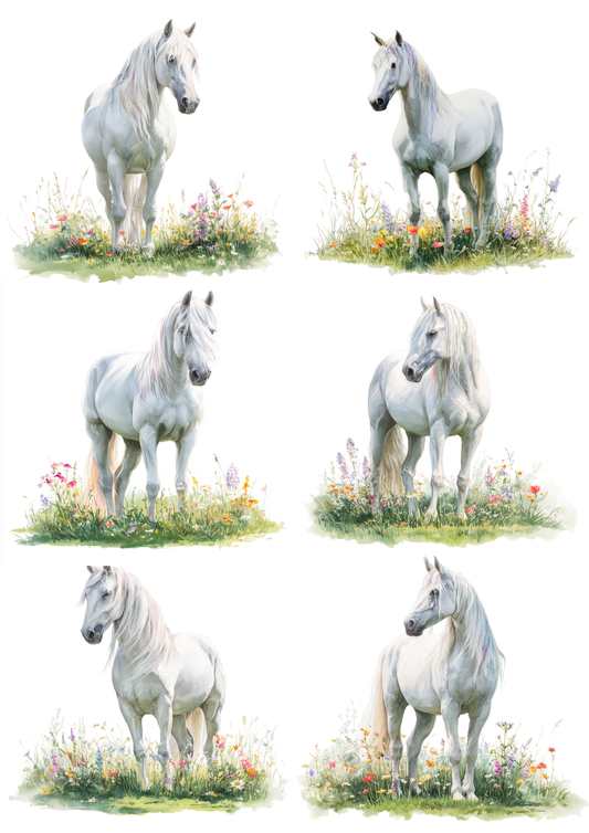 Sticker Sheet / Greeting Card – White Horse in the Meadow Collage Cat. No. 5655