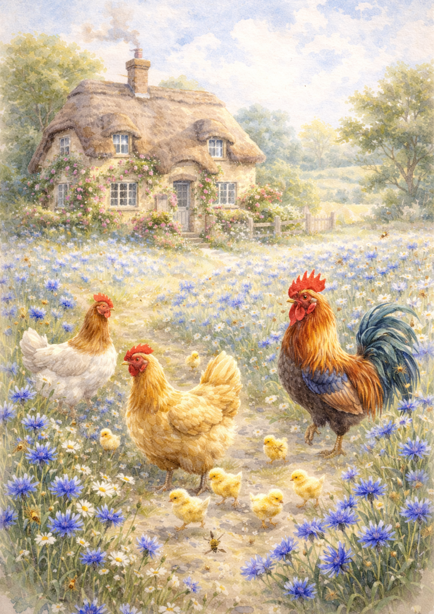 Sticker Sheet / Greeting Card – Rooster And Hens In A Meadow Full Of Cat. No. 5691