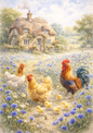 Sticker Sheet / Greeting Card – Rooster And Hens In A Meadow Full Of Cat. No. 5691