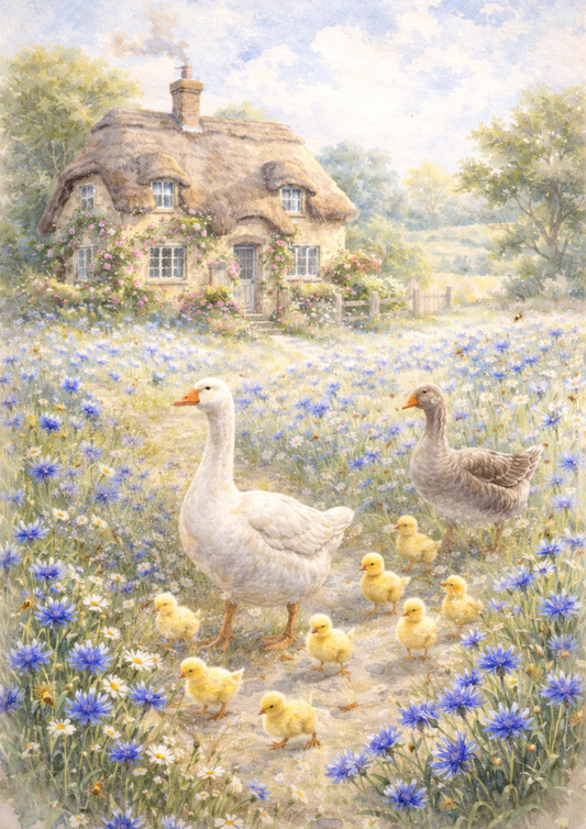Sticker Sheet / Greeting Card – Geese With Young Geese in a Meadow Full of Cat. No. 5692
