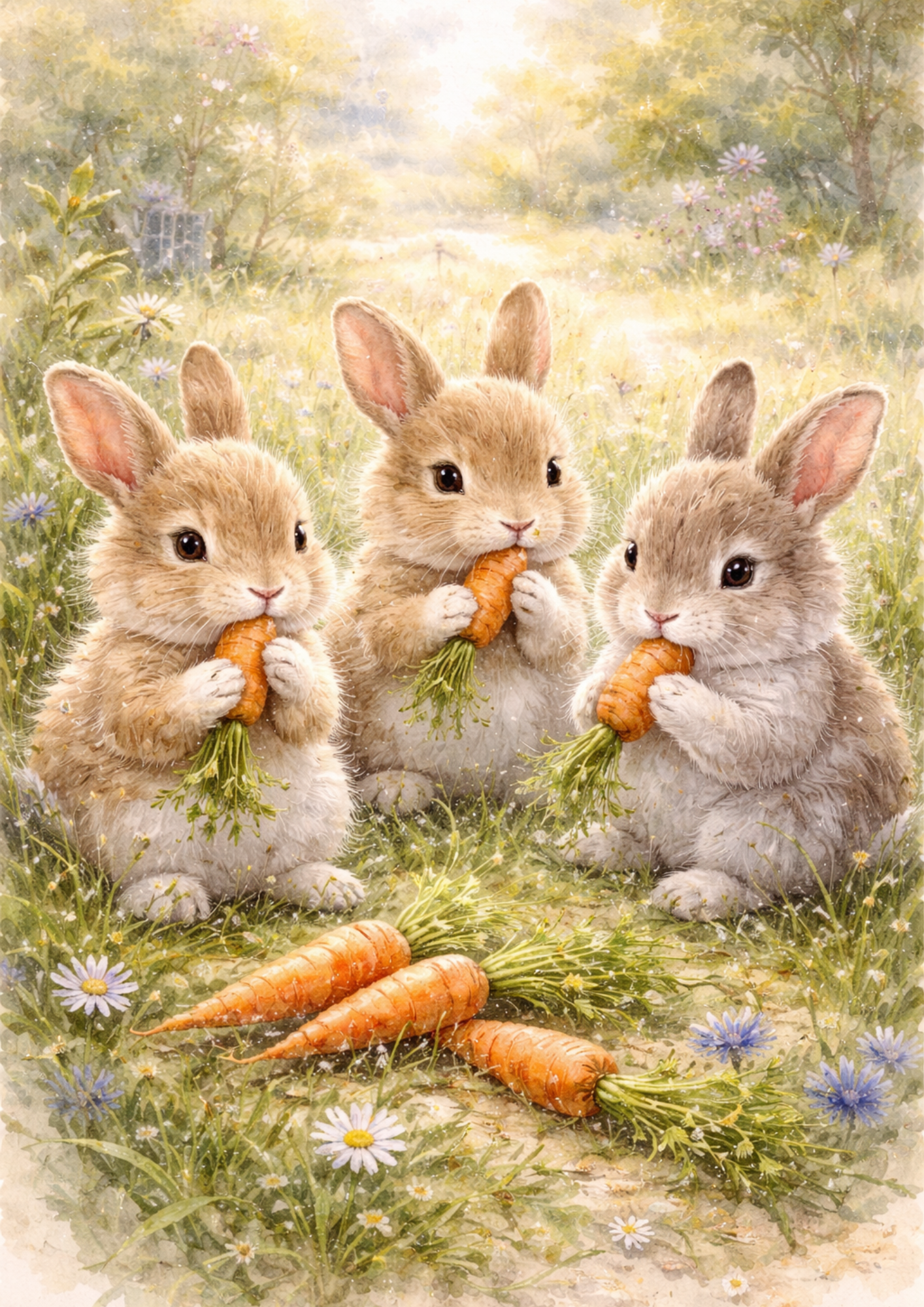 Sticker Sheet / Greeting Card – Rabbits Eating Carrots in a Meadow Full of Cat. No. 5693