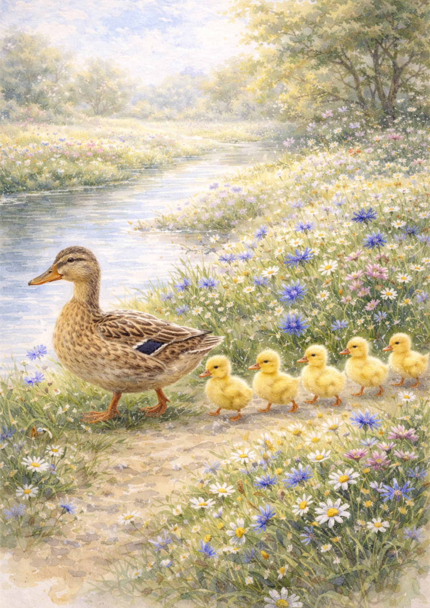 Sticker Sheet / Greeting Card – Geese With Young Geese in a Meadow Full of Cat. No. 5694