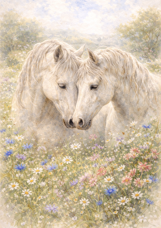 Sticker Sheet / Greeting Card – A Pair of Horses in a Meadow Full of Cat. No. 5696