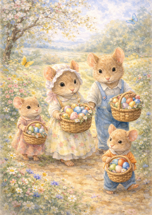 Sticker Sheet / Greeting Card – Mouse Family With Easter Eggs Full Cat. No. 5700