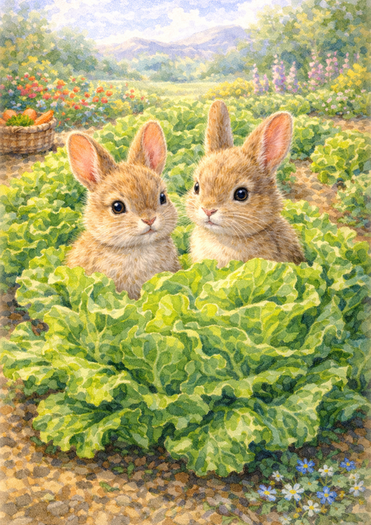 Sticker Sheet / Greeting Card – Rabbits in Cabbage Full Cat. No. 5705