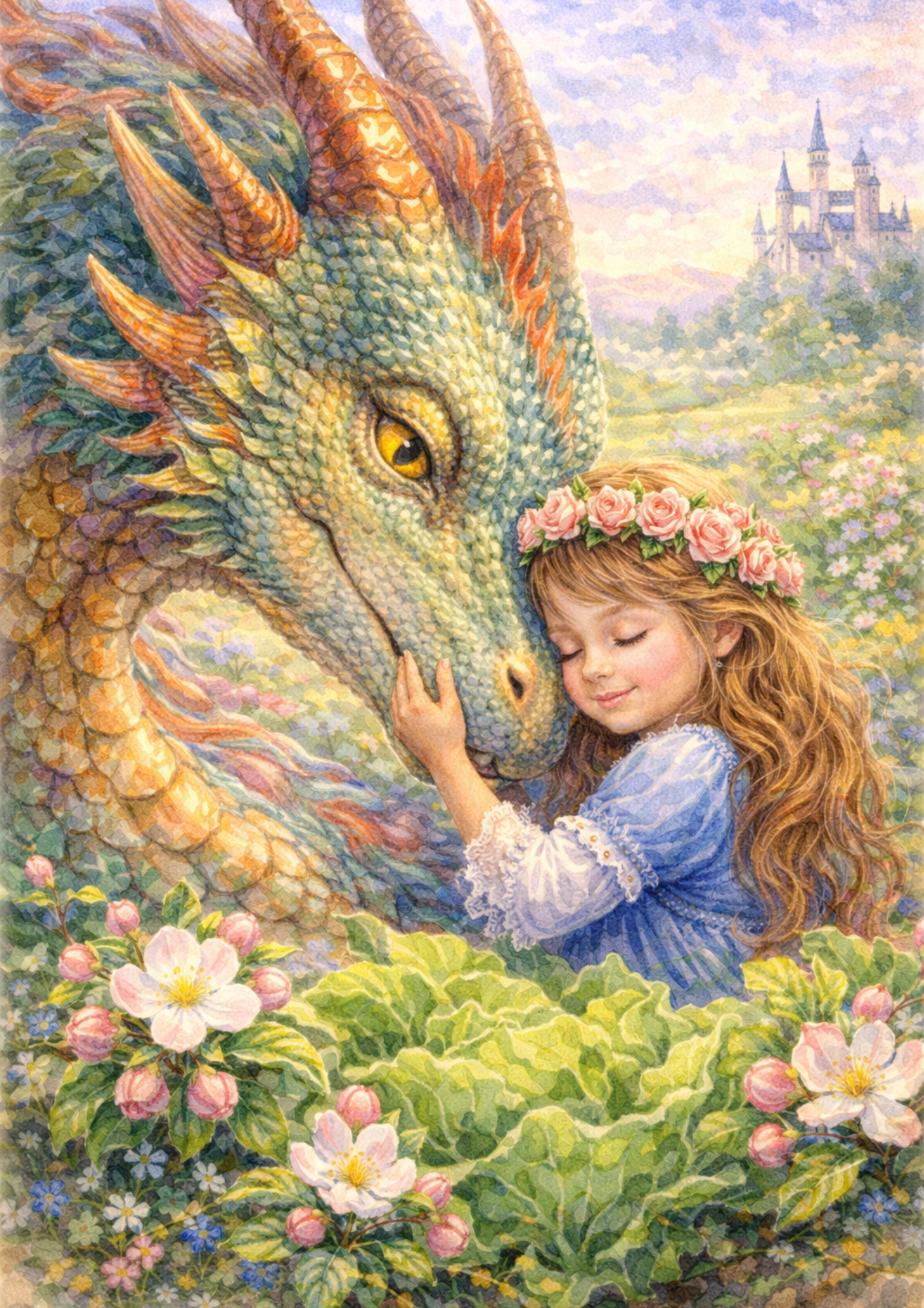 Sticker Sheet / Greeting Card – Girl and Dragon in Flowers Full Cat. No. 5706