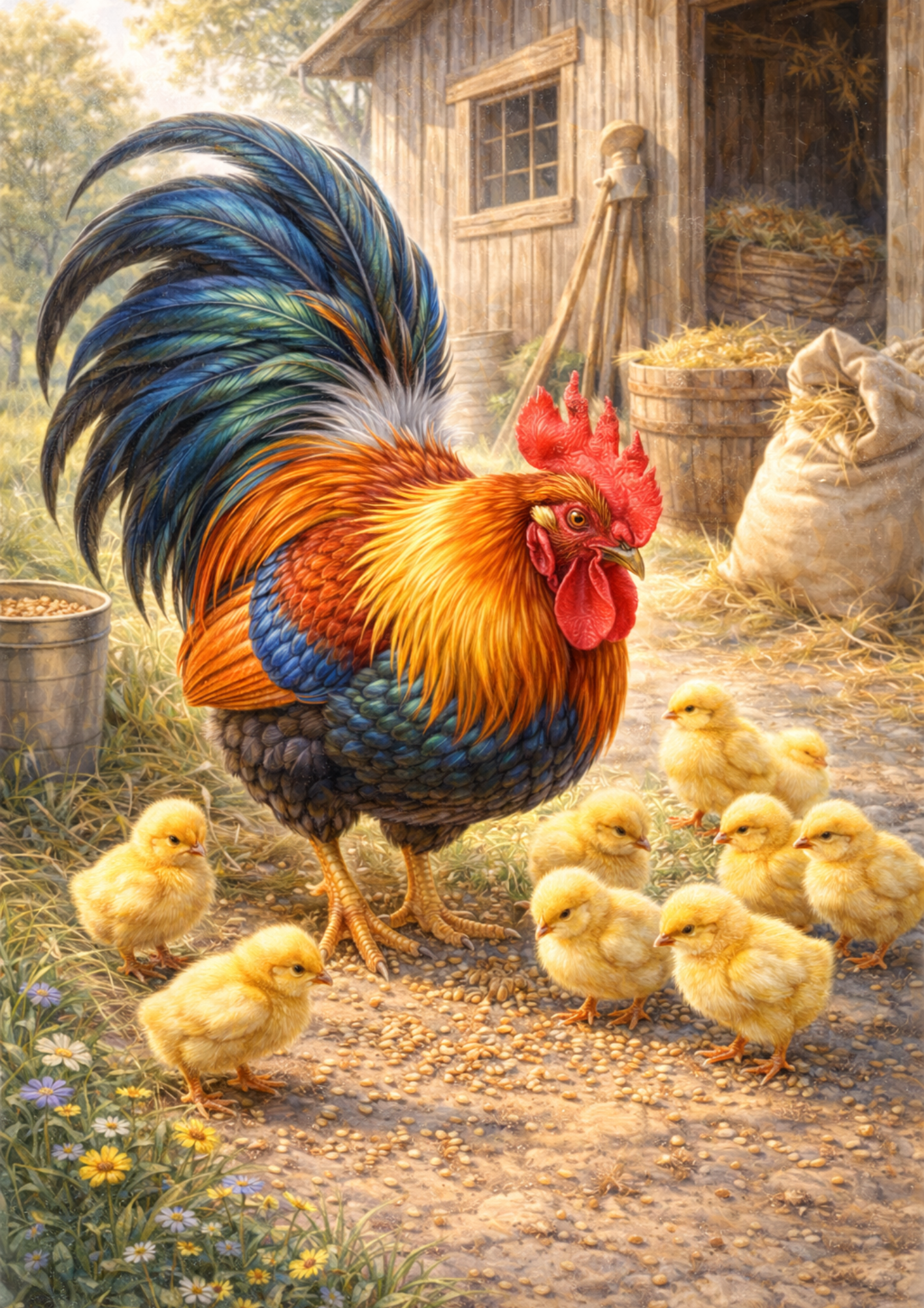 Sticker Sheet / Greeting Card – Rooster And Chickens Full Cat. No. 5718