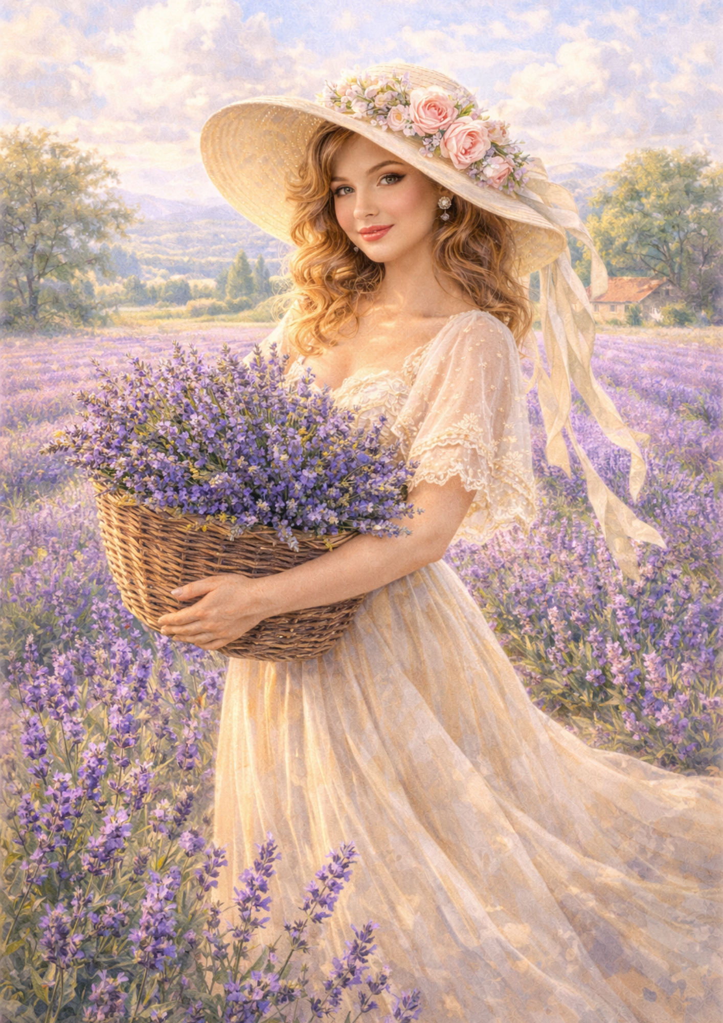 Sticker Sheet / Greeting Card – Woman With Basket of Lavender Full Cat. No. 5722