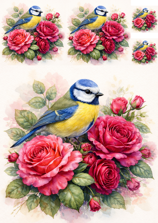 Sticker Sheet / Greeting Card – Blue Tit on Roses Collage Cat. No. 5738