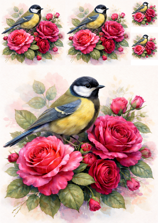 Sticker Sheet / Greeting Card – Blue Tit on Roses Collage Cat. No. 5741