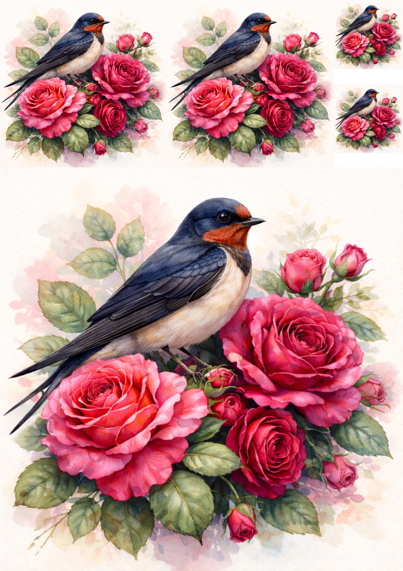 Sticker Sheet / Greeting Card – Swallow on Roses Collage Cat. No. 5742