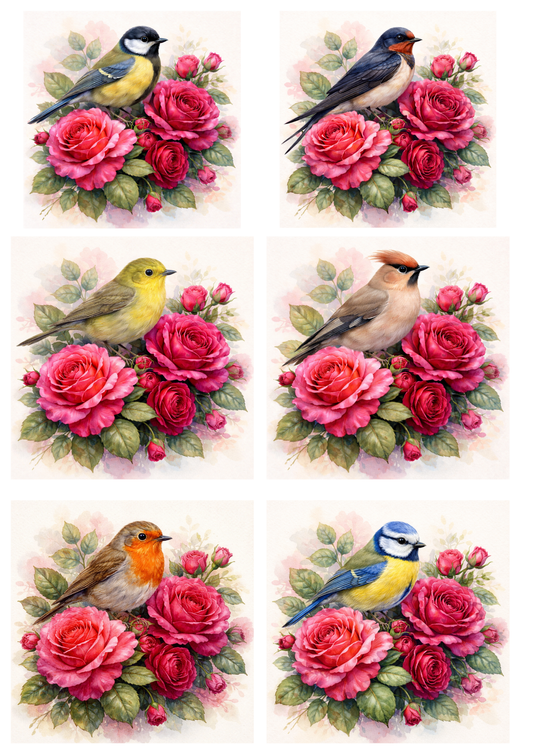 Sticker Sheet / Greeting Card – Various Birds On Roses Collage Cat. No. 5743