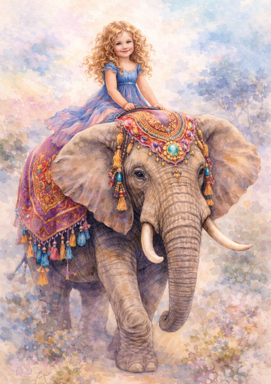 Sticker Sheet / Greeting Card – Girl on an Elephant Cat. No. 5747