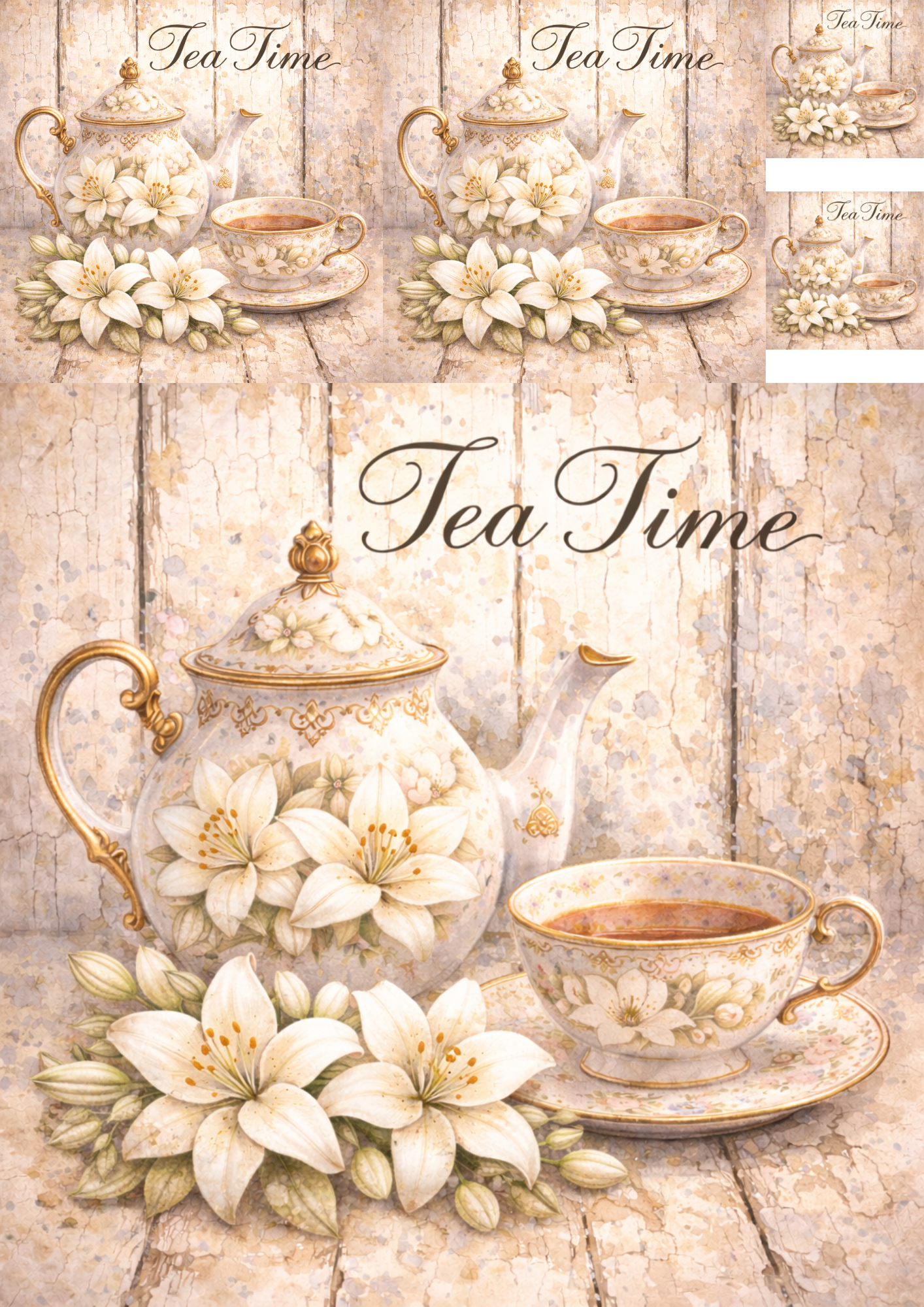 Sticker Sheet / Greeting Card – Tea Set in Flowers Collage Cat. No. 5761