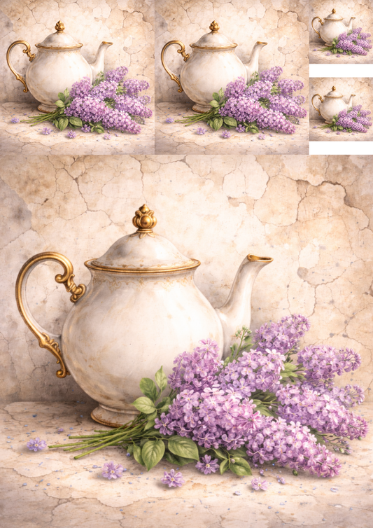Sticker Sheet / Greeting Card – Tea Set in Flowers Collage Cat. No. 5763