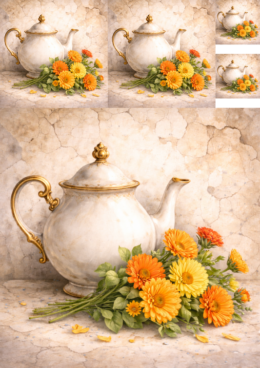 Sticker Sheet / Greeting Card – Tea Set in Flowers Collage Cat. No. 5764