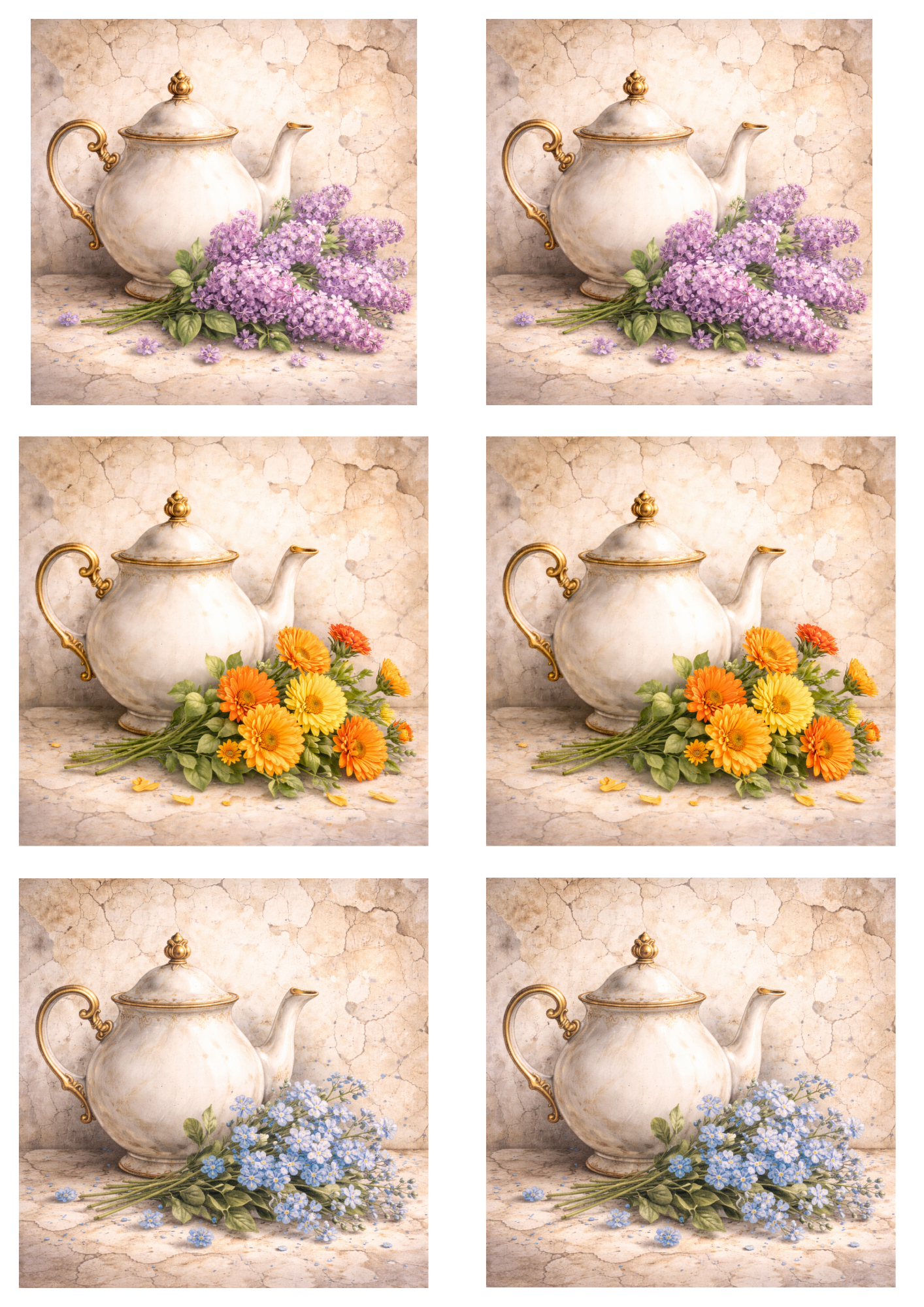Sticker Sheet / Greeting Card – Tea Set in Flowers Collage Cat. No. 5765