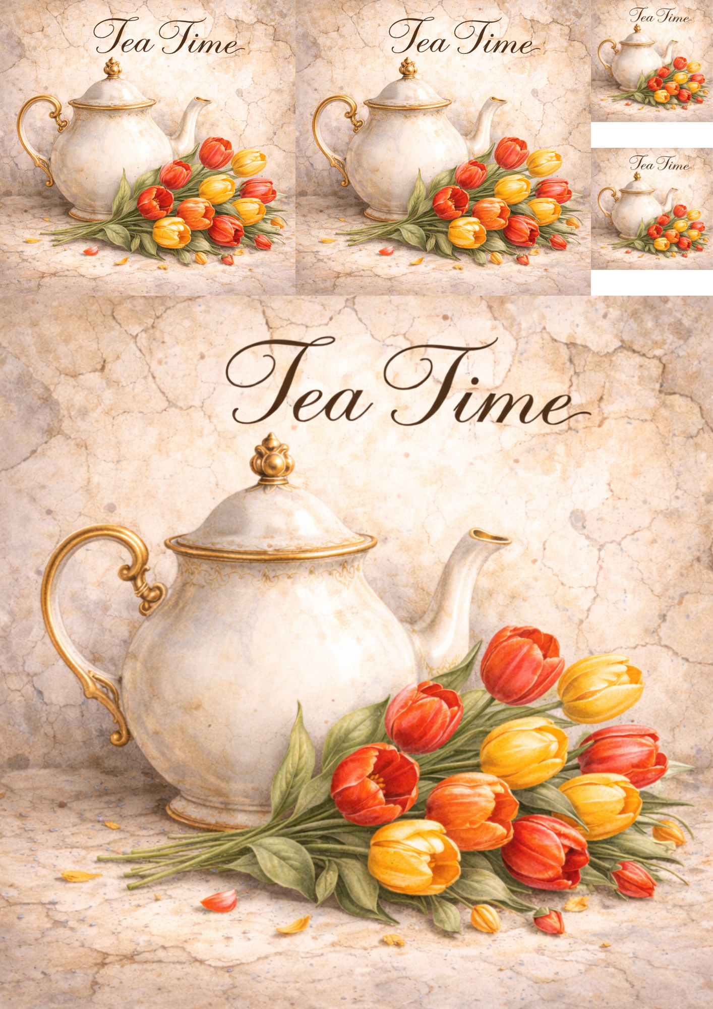 Sticker Sheet / Greeting Card – Tea Set in Flowers Collage Cat. No. 5766