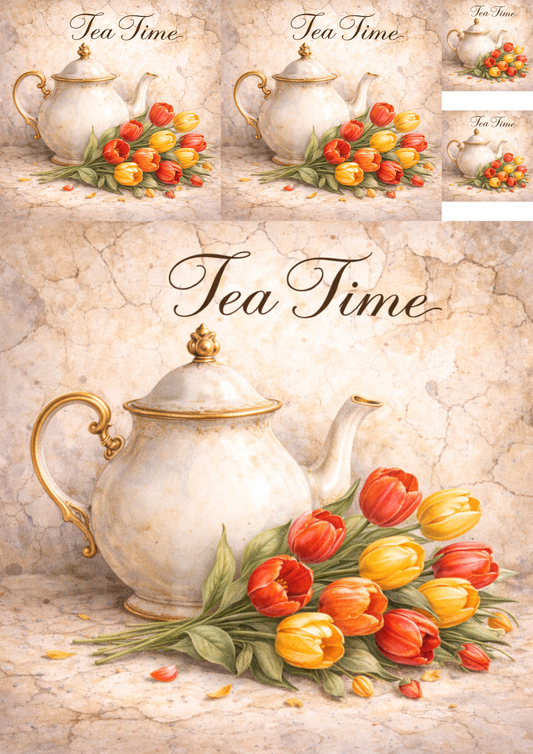Sticker Sheet / Greeting Card – Tea Set in Flowers Collage Cat. No. 5766