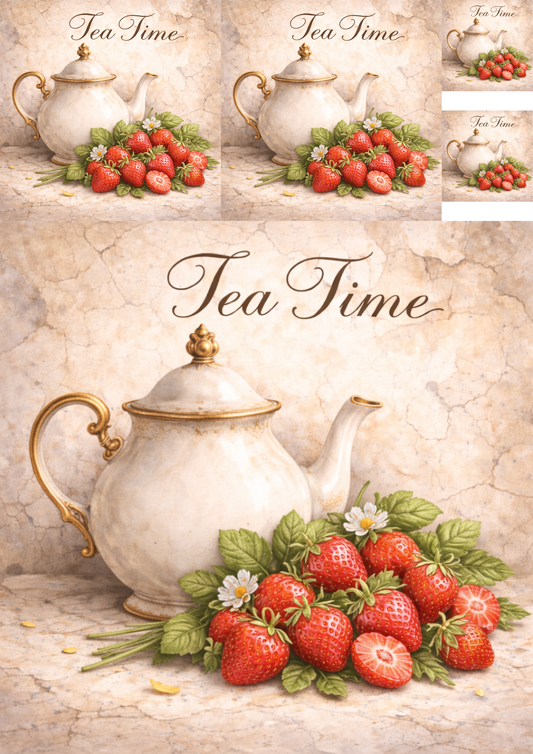 Sticker Sheet / Greeting Card – Tea Set in Flowers Collage Cat. No. 5767