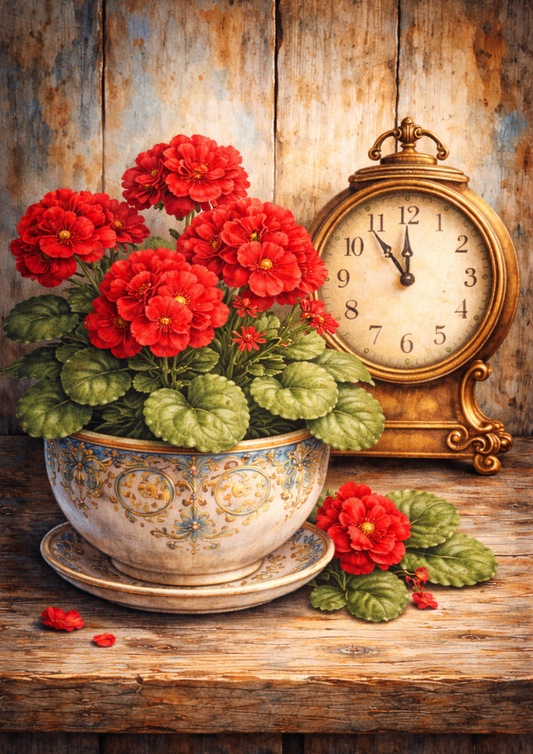 Sticker Sheet / Greeting Card – Clock And Flowers Full Cat. No. 5776