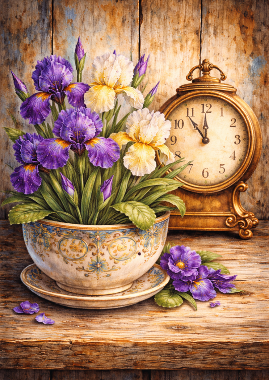 Sticker Sheet / Greeting Card – Clock And Flowers Full Cat. No. 5777