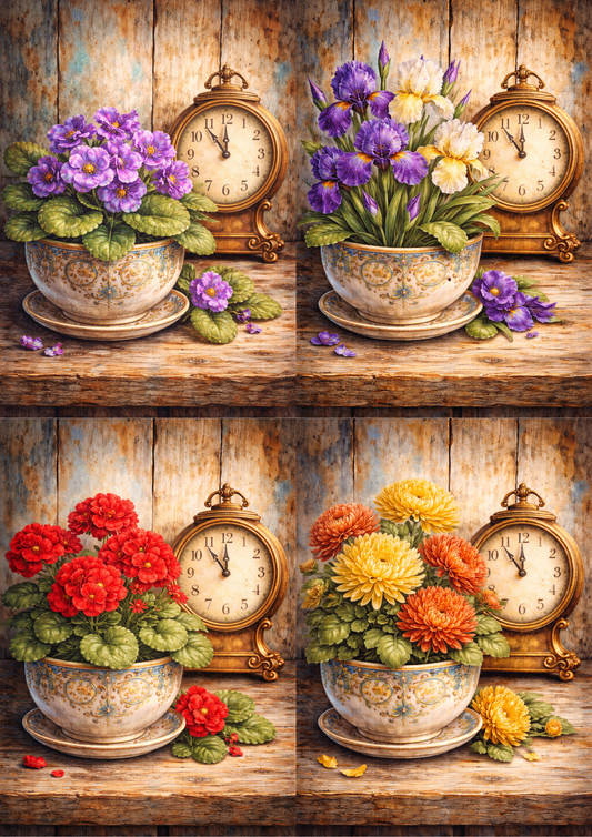 Sticker Sheet / Greeting Card – Clock And Flowers Collage Cat. No. 5779