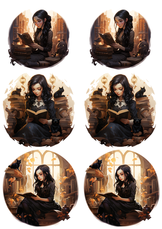 Sticker Sheet / Greeting Card – Girl Reading Book In Circles Collage Cat. No. 5811