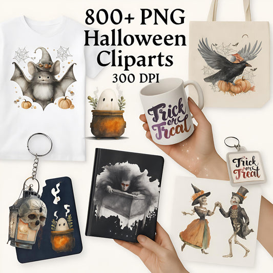 Halloween Watercolor Mega Clipart Bundle – 800+ PNG – Witches, Castles, Ghosts, Pumpkins, Skeletons, Magic Elements and much more – 300 DPI