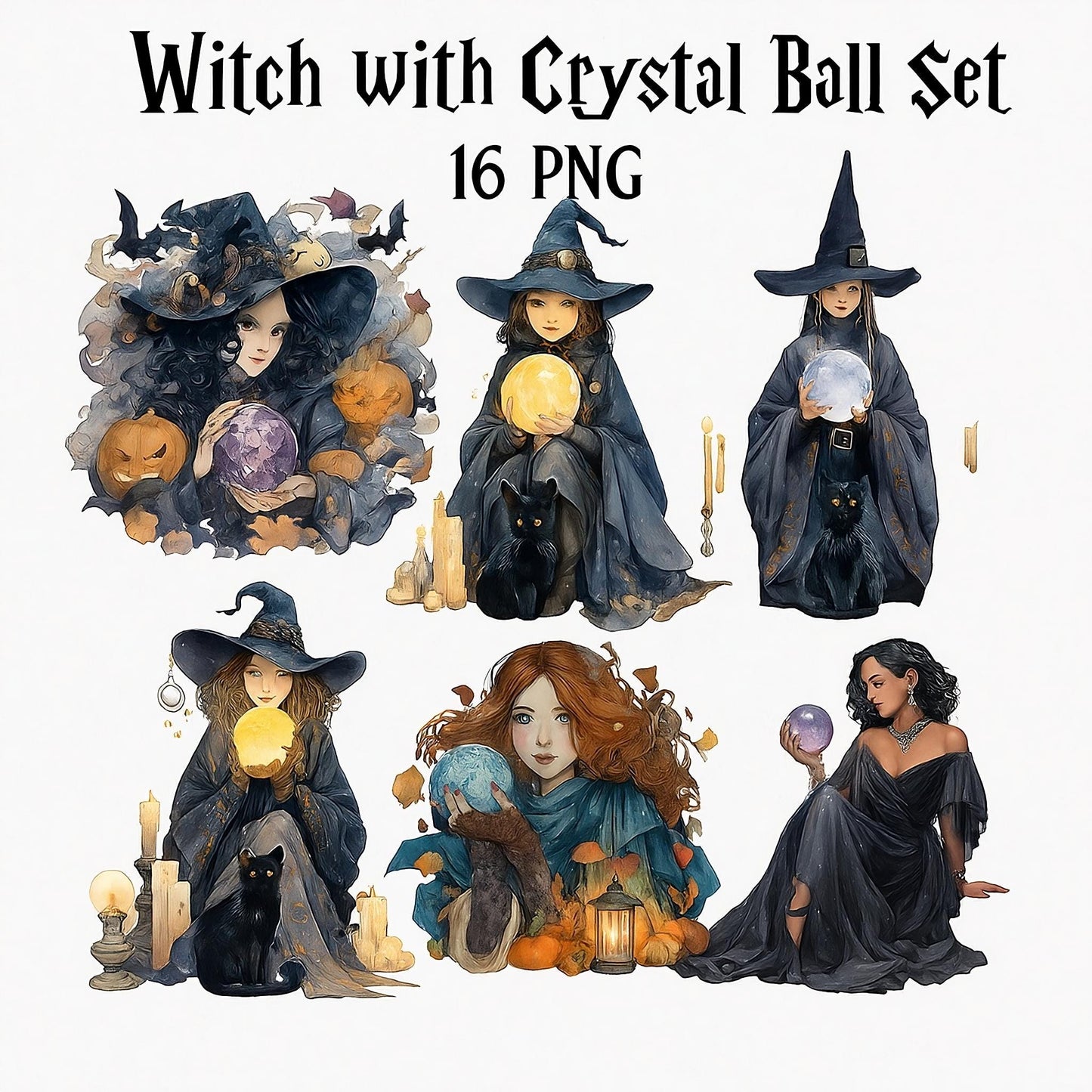 Watercolor Witch Clipart: Crystal Ball Illustrations (16 PNG Digital Download