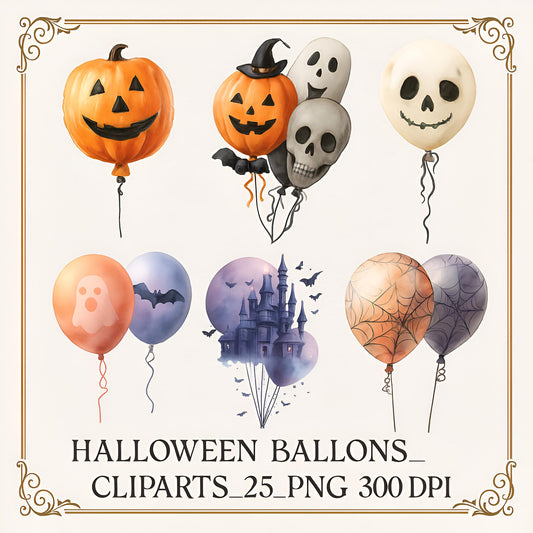 Watercolor Halloween Balloons Clipart: 25 PNG Spooky Party Decorations (Digital Download)