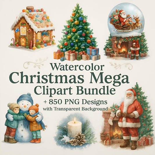 Watercolor Christmas Mega Clipart Bundle – 850+ PNG Designs with Transparent Background