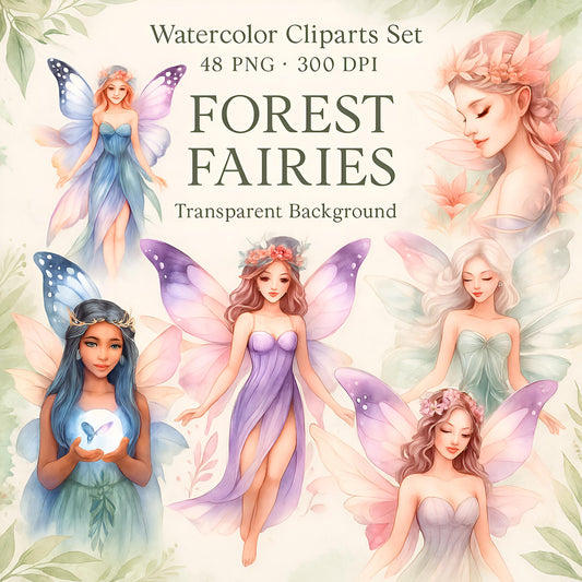 Watercolor Forest Fairies Clipart Set: 48 PNG Designs with Transparent Background