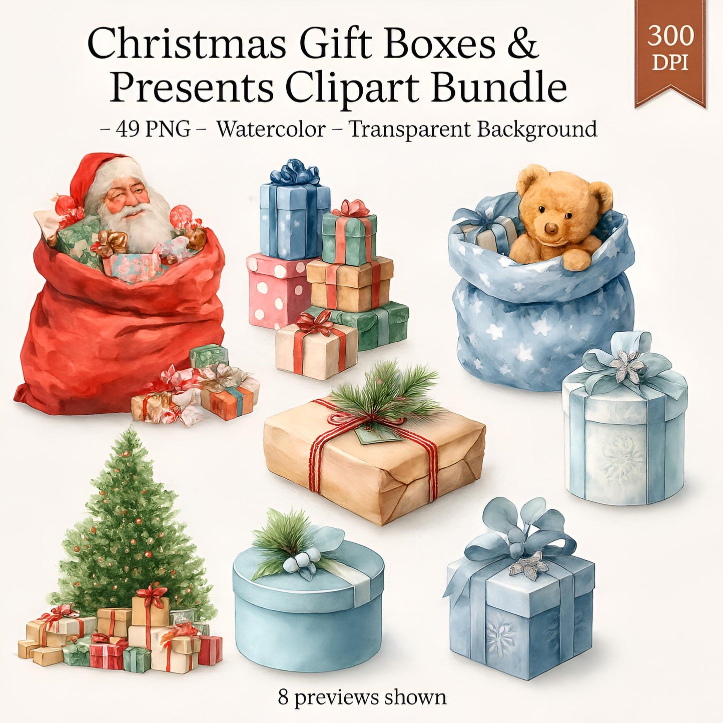 Christmas Gift Boxes Clipart – 49 PNG – Watercolor Presents – Transparent Background – Holiday Digital Download