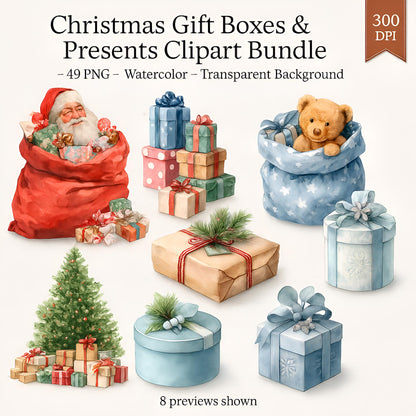 Christmas Gift Boxes Clipart – 49 PNG – Watercolor Presents – Transparent Background – Holiday Digital Download