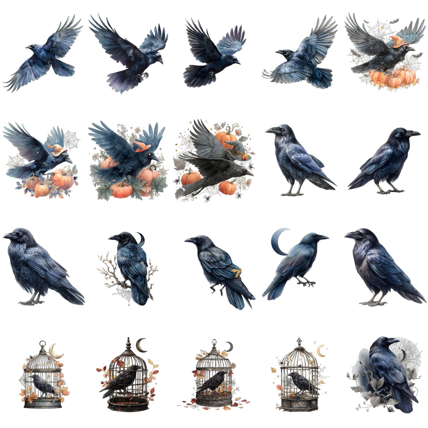 Watercolor Raven Clipart Set: Gothic Halloween Birds (Instant Download, 20 PNG, 300 DPI)