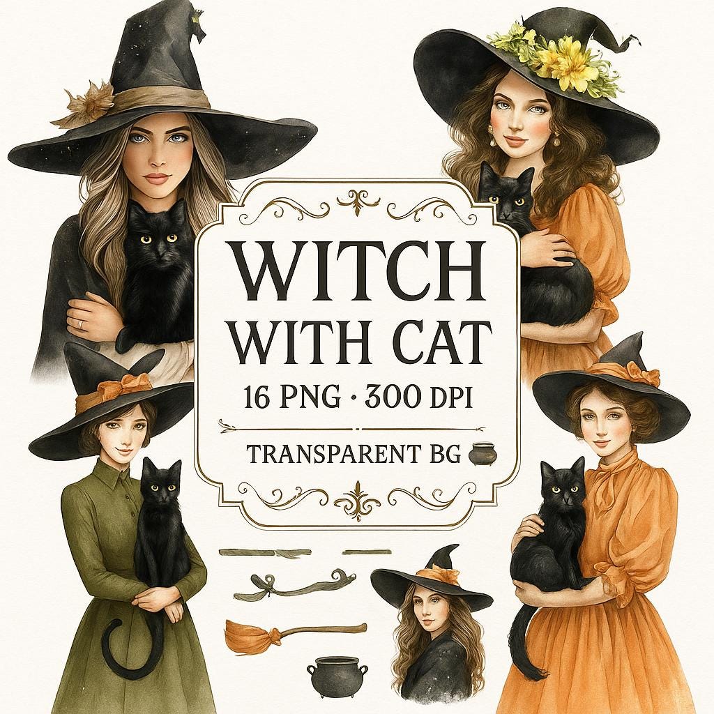Witch and Cat Watercolor Clipart Set: Halloween PNG Files (Digital Download)