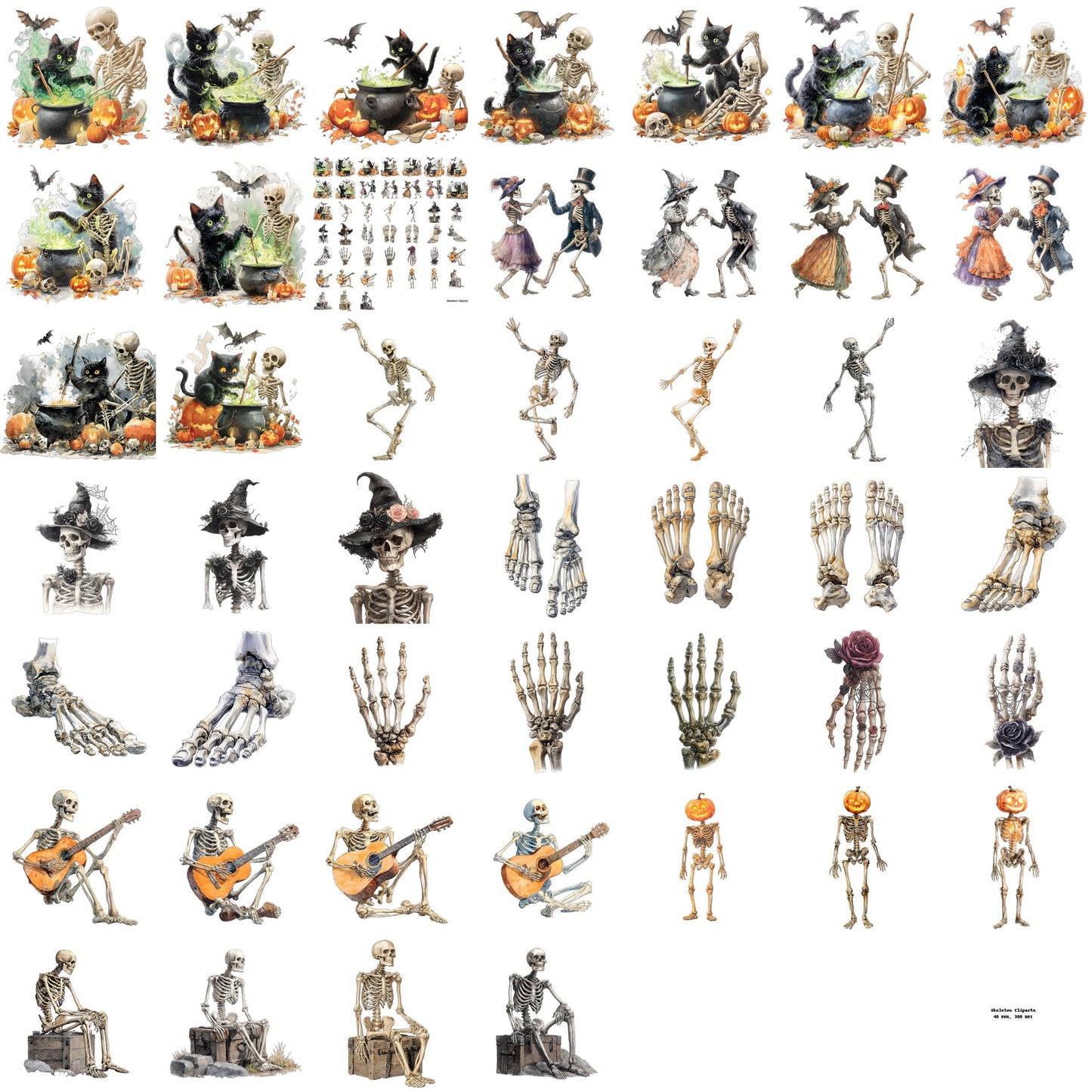 Skeleton Clipart Bundle – 48 PNG – Halloween Bones – Transparent – Watercolor Style – High Resolution