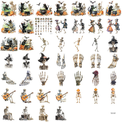 Skeleton Clipart Bundle – 48 PNG – Halloween Bones – Transparent – Watercolor Style – High Resolution