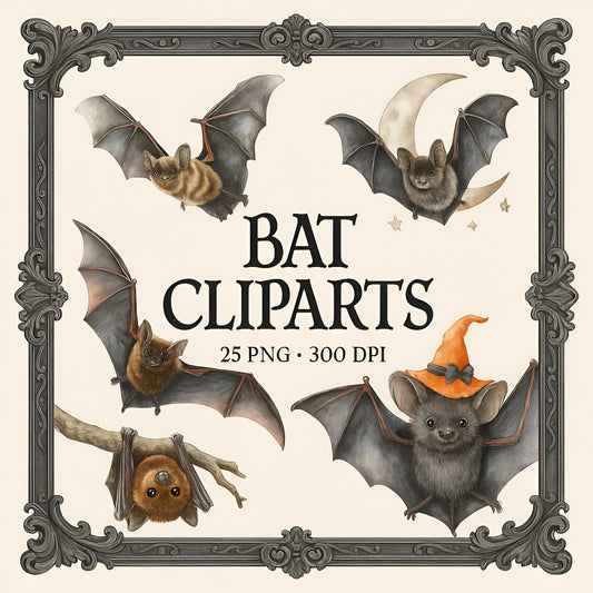 Watercolor Halloween Bat Clipart Bundle: 25 Flying PNGs (Digital Download