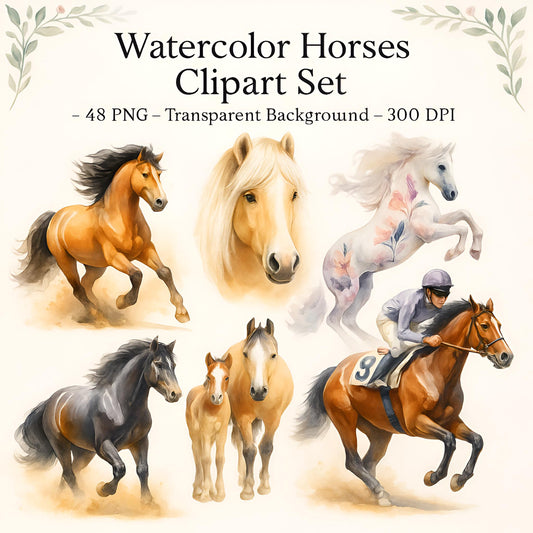 Watercolor Horses Clipart Set: 48 PNG Designs with Transparent Background