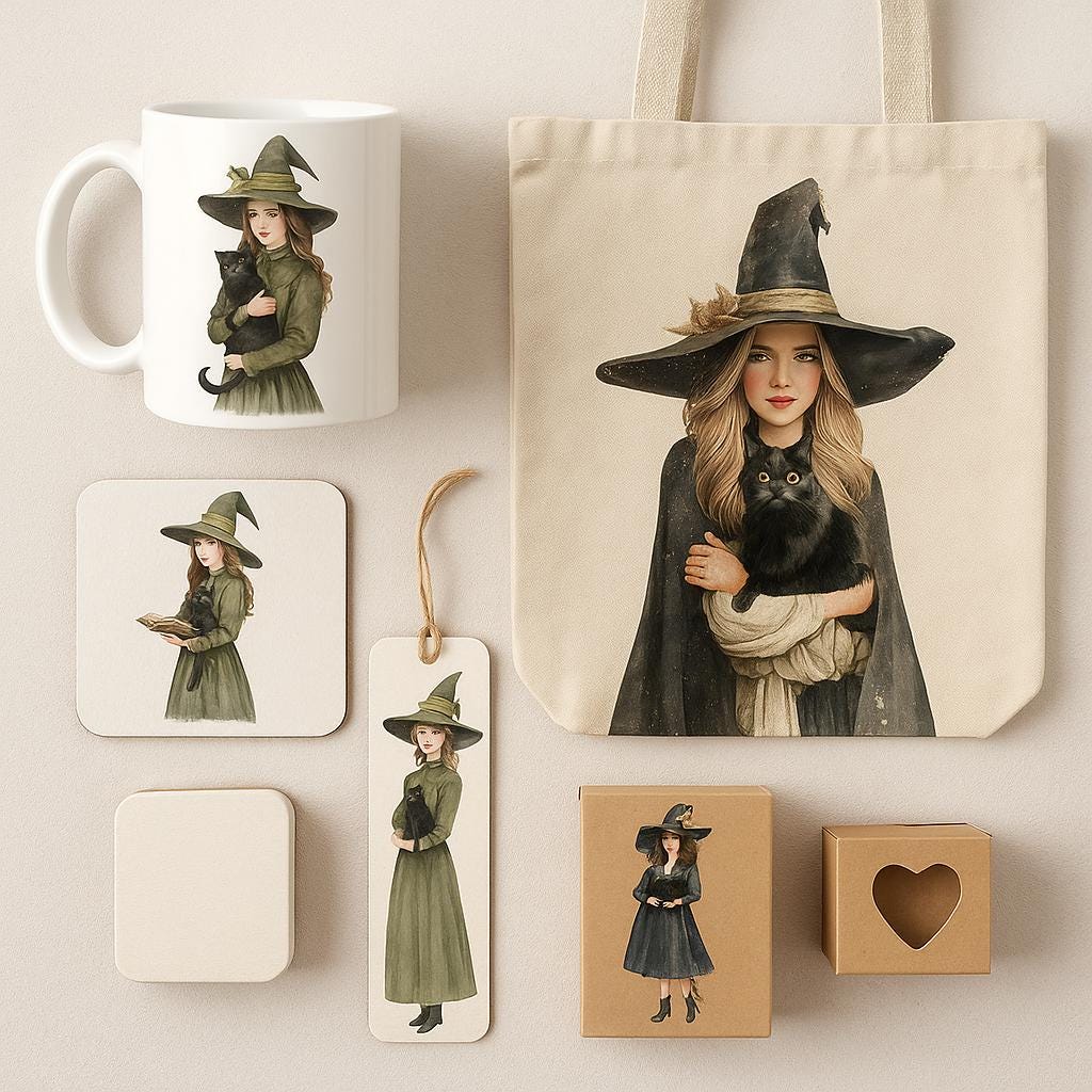Witch and Cat Watercolor Clipart Set: Halloween PNG Files (Digital Download)