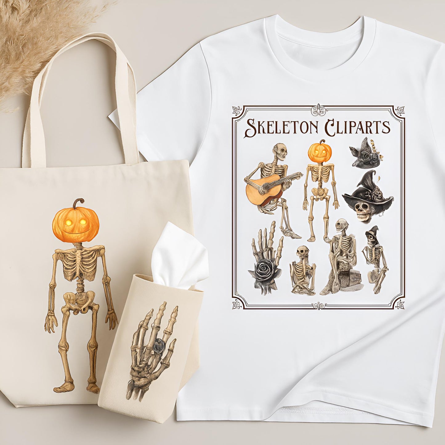 Skeleton Clipart Bundle – 48 PNG – Halloween Bones – Transparent – Watercolor Style – High Resolution