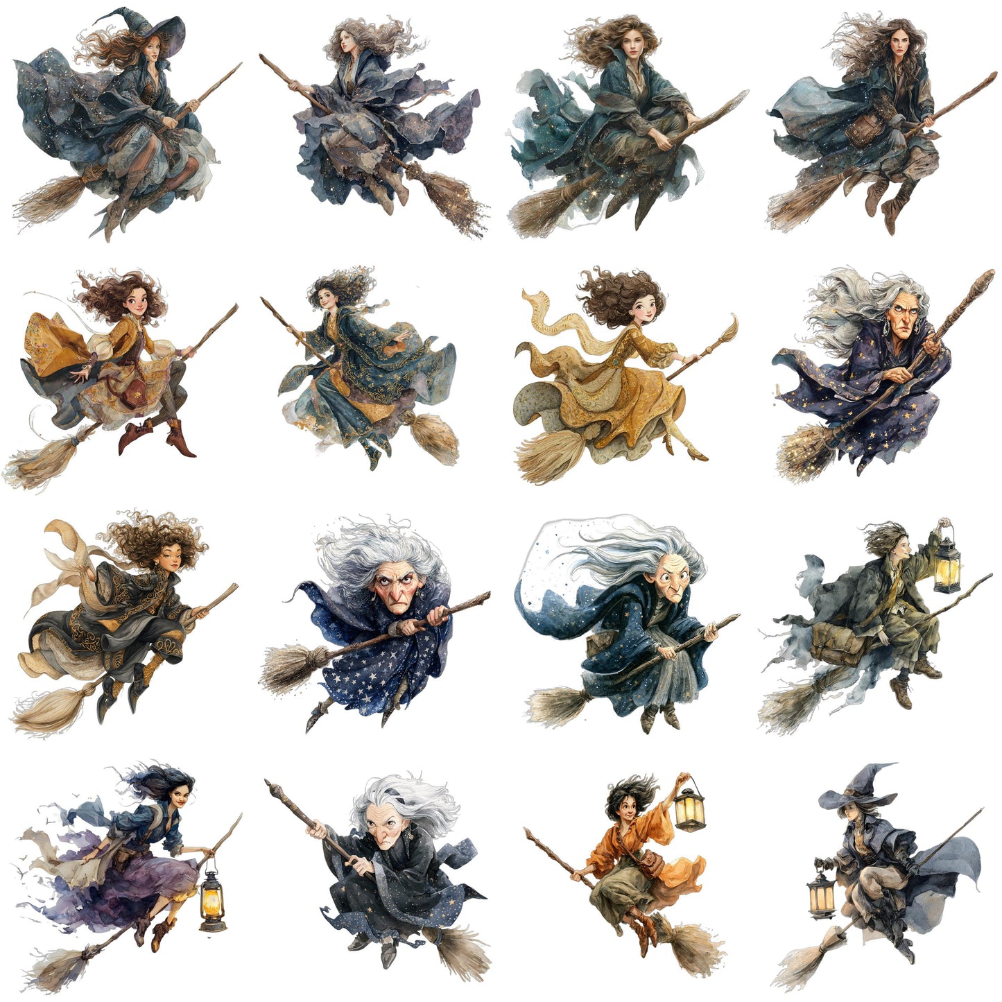 Watercolor Witch Clipart: Broomstick 16 PNG Set (Digital Download)