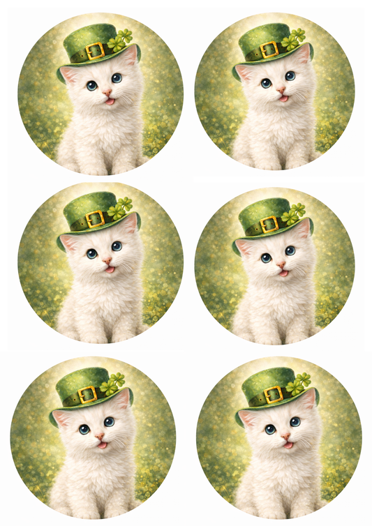 Sticker Sheet / Greeting Card – St. Patrick's Day Cat in a Hat with Rings Collage Cat. No. 8347